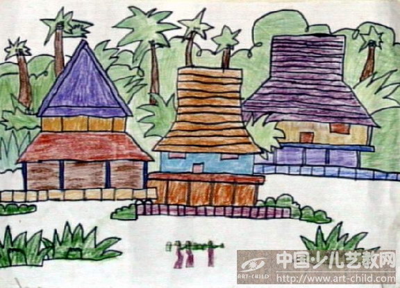 傣族竹楼绘画图片