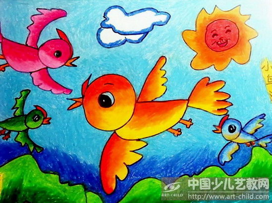 儿童画小鸟飞可爱图片