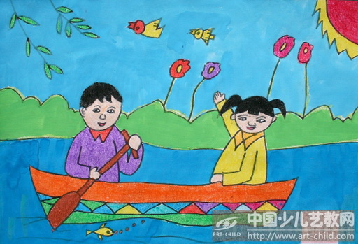 小朋友划船儿童画图片