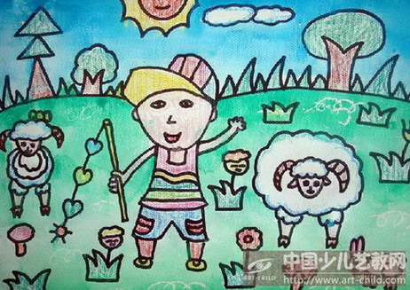 放羊的小孩儿童画图片