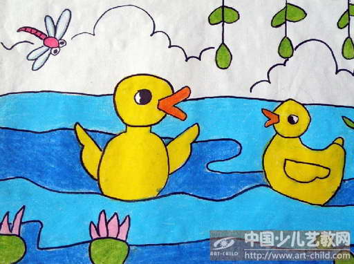 鸭子戏水图儿童画图片
