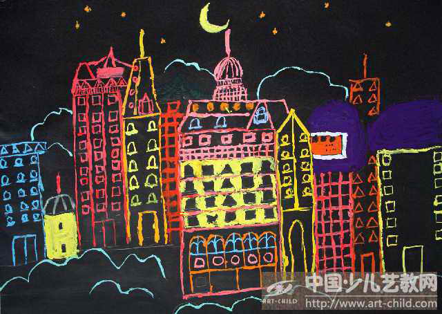 都市夜景简笔画油画棒图片