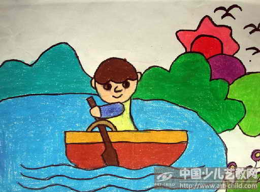 小朋友划船儿童画图片