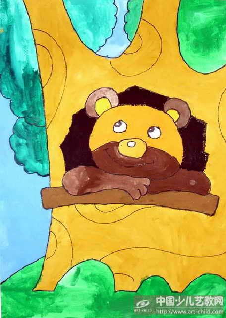树洞里的动物儿童画图片