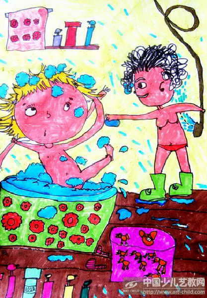 洗澡儿童画下册图片