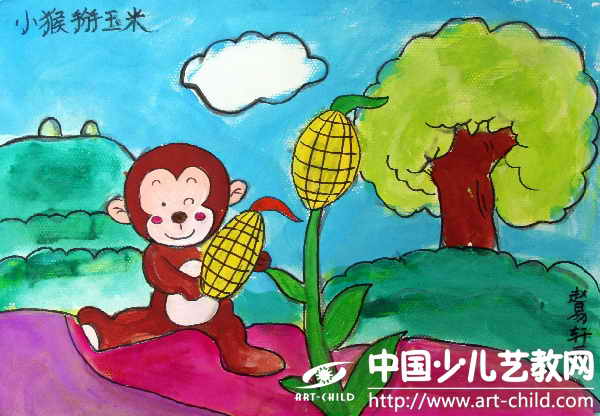猴子掰玉米绘画本图片